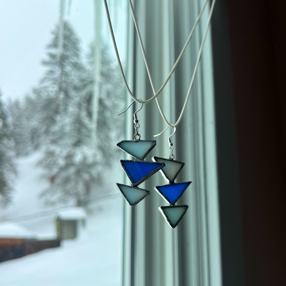 Stained Glass & Sterling Silver Dangle Earrings, Artisan Made,